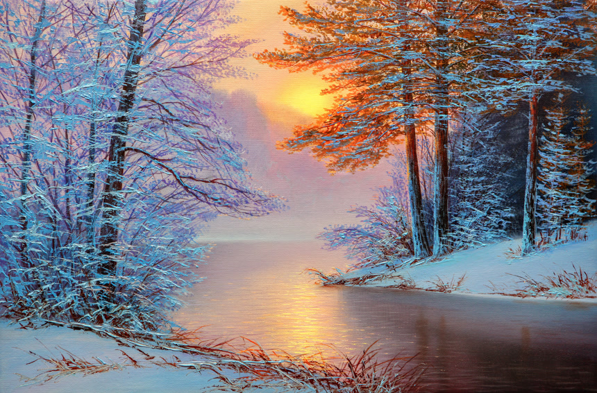 夕阳下河流同在的冬季风景油画绘画写实艺术自然风景