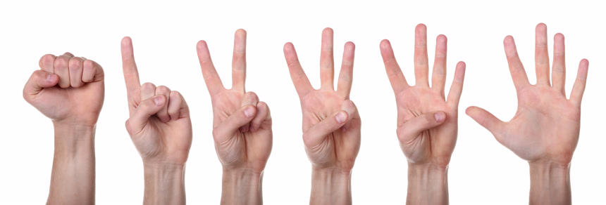 白色背景上六种不同的数字手势展示图