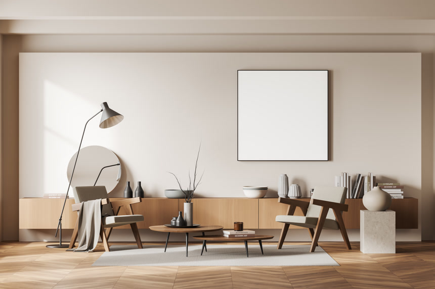 米色客厅内部有两张扶手椅3D渲染