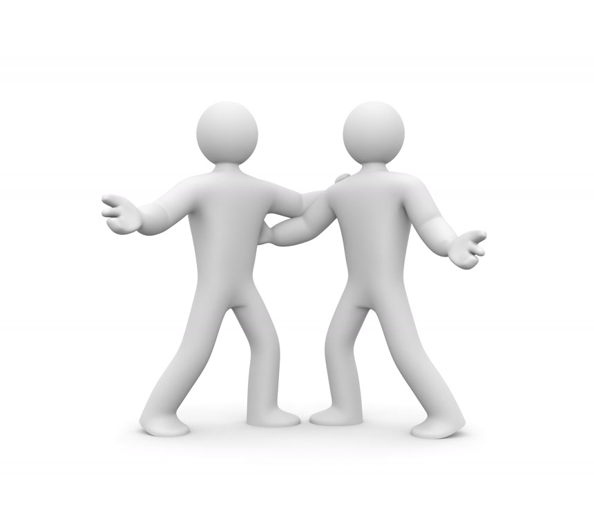 两个立体3d商务小人合作成功相互拥抱白底图