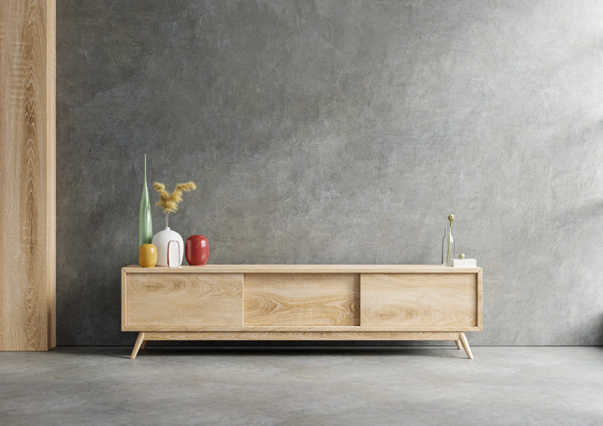 客厅内墙内的电视机橱柜，以混凝土墙为背景，3D渲染居家生活方式