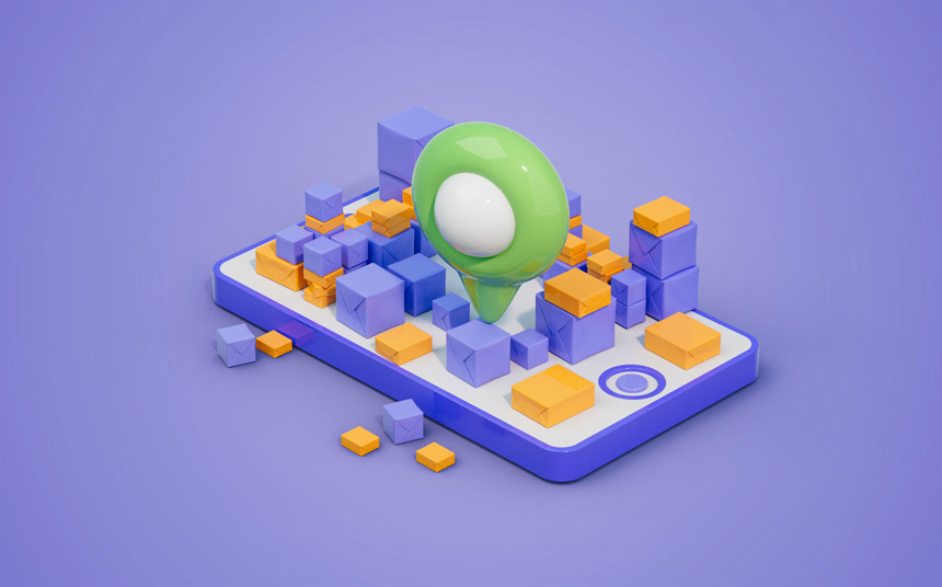 3d渲染定的手机定位针购物配送和跟踪的概念网上购物