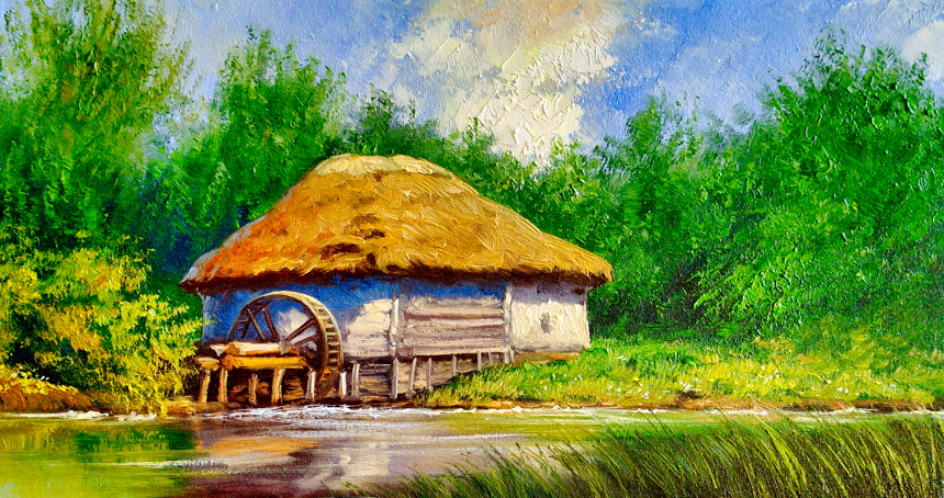 油画乡村风景水磨坊河水流淌小溪水车蘑菇屋自然景观插画手绘