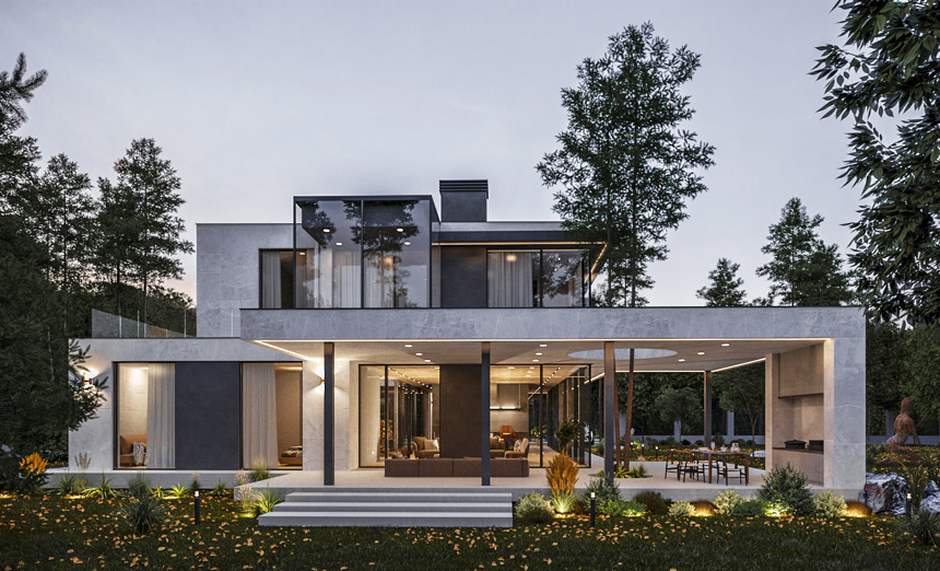 一个有全景窗户的豪华房子的三维可视化现代房屋建筑