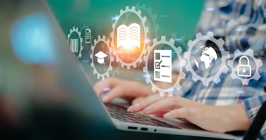 网络教育的概念男子利用网上教育培训和网上电子学习研讨会进行个人发展和获得专业资格发展新技能的数字课程.