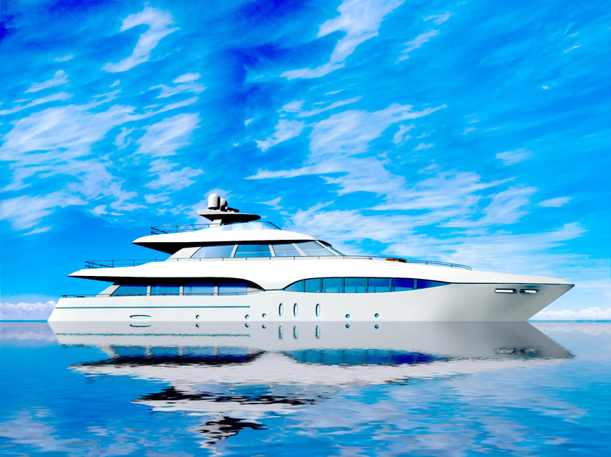 一艘线条流畅的游艇在晴朗天空下的海面上航行