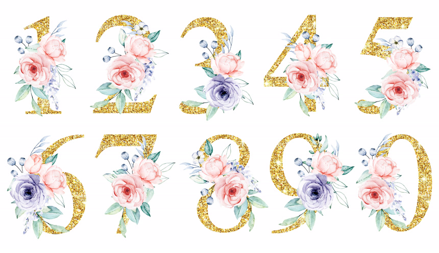 numbers set with watercolor art painting elements on white background数字花朵