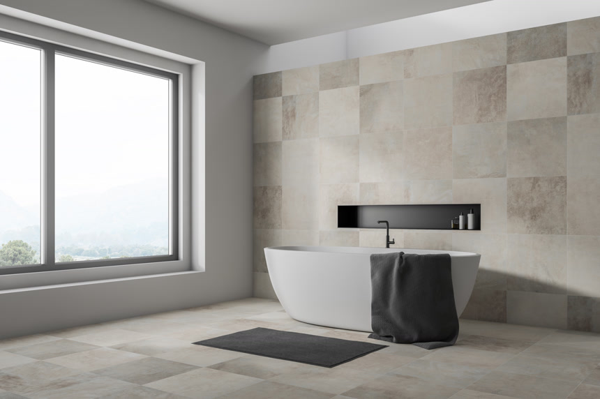 时尚浴室的角落, 有白色和米色的瓷砖墙, 大窗户, 白色浴缸3d 渲染  建筑装修  房屋浴室 