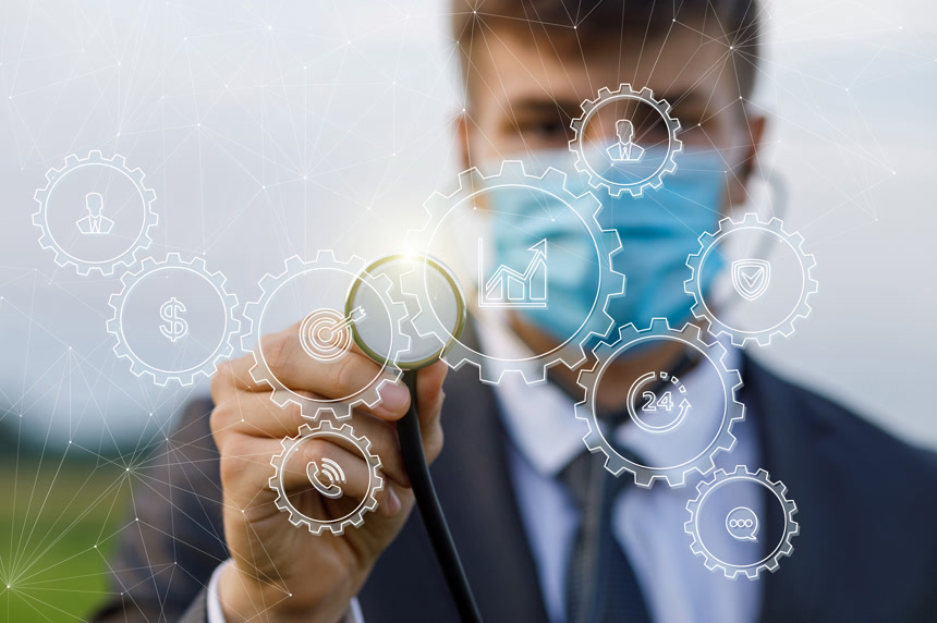 大流行病和危机期间的诊断和分析企业管理机制的概念.