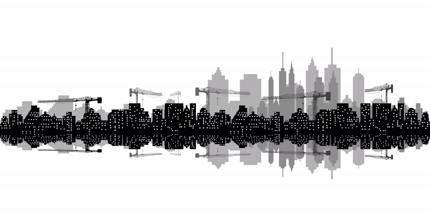 起重机和城市天际线剪影城市发展白底图