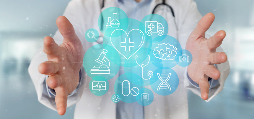 医生打开双手显示医疗图标3D渲染图  现代医疗 医院宣传