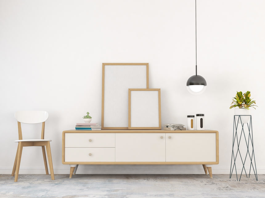 客厅内部用木制餐具柜和模拟框架3D渲染