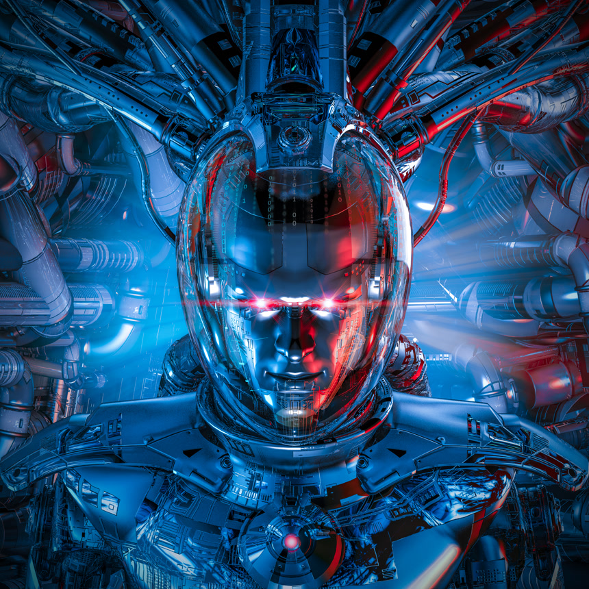 太空飞船驾驶舱内科幻赛博庞克男性人形机器人的3D演示