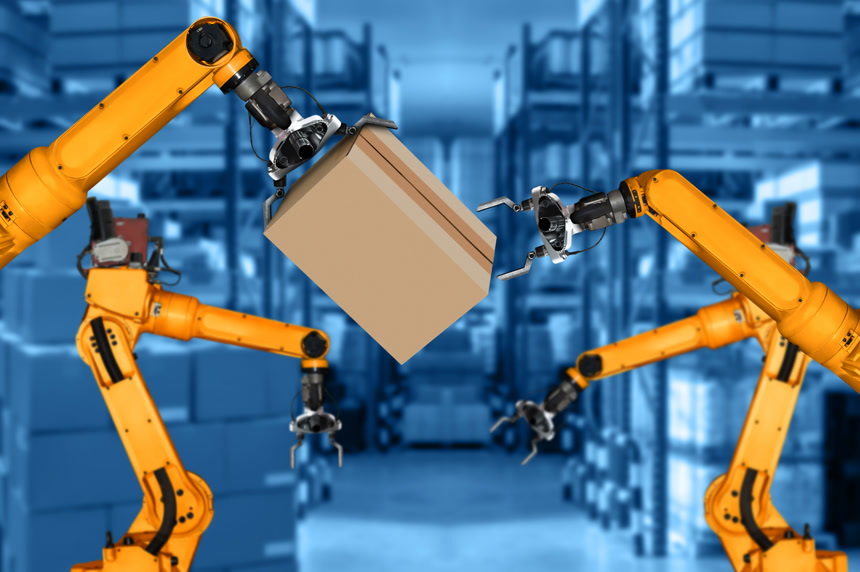 智能机器人臂传递快递盒工业智能仓储