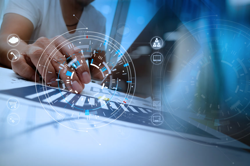 商人手与未来科技数据展示3D图像