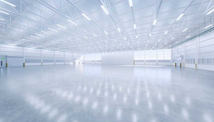 大机库混凝土地面和敞开式快门的3D渲染建筑结构