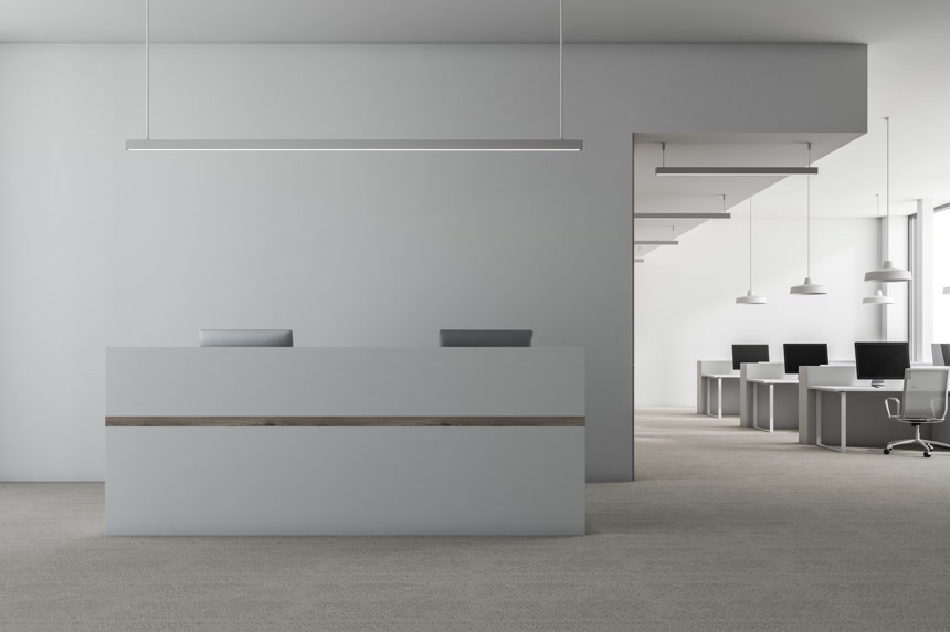 开放空间办公室白色接待台室内设计造型