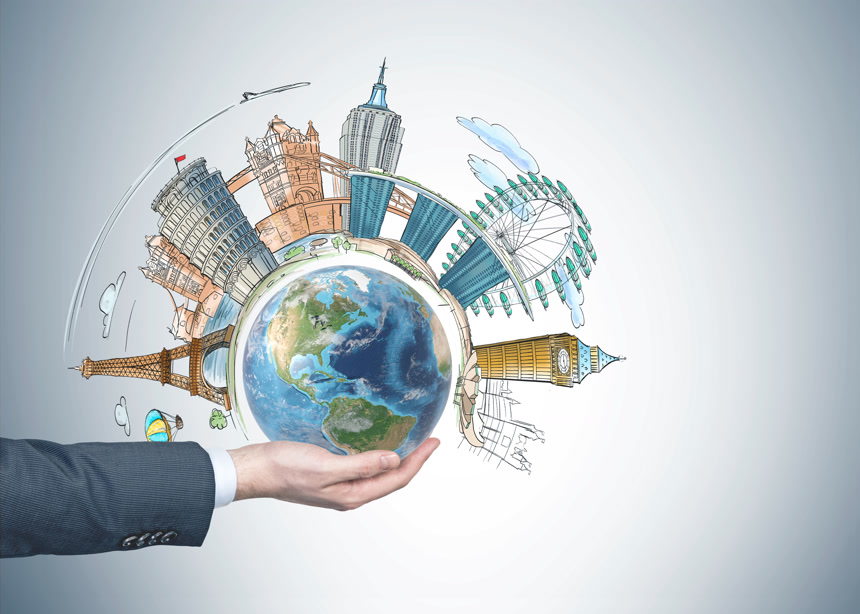 一只手托着一个地球上有世界各地的地标建筑世界旅行图