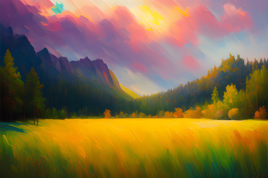 An oil painting featuring a highly detailed, clean and intricate symmetrical landscape back lit by a glowing sun. The fantasy art captures a serene moment in nature with stunning detail and high quality concept art.唯美城市渐变油画背景