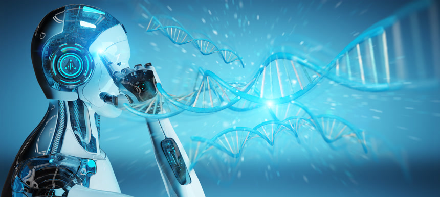 蓝色渲染机器人正在对着基因链条思考人工智能医疗