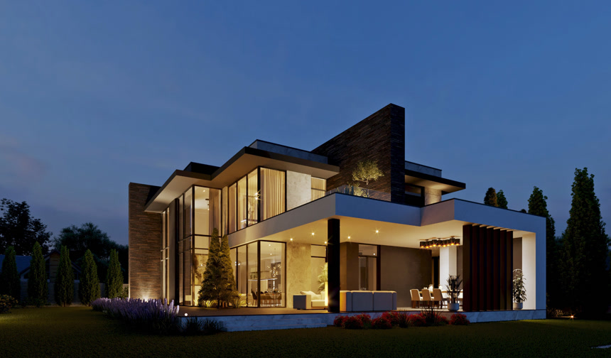 带阳台和全景窗户的房子的三维可视化豪华建筑设计