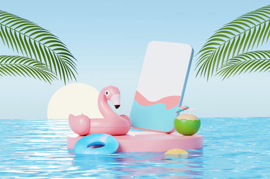 蓝色海洋背景概念卡通手绘插画背景