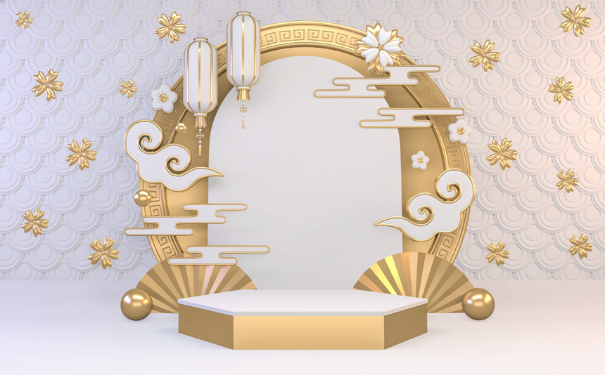 六角形白色讲台展示化妆品几何日本风格3D渲染生活方式