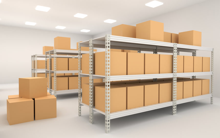 仓库架子和箱子的内部3D渲染图素材