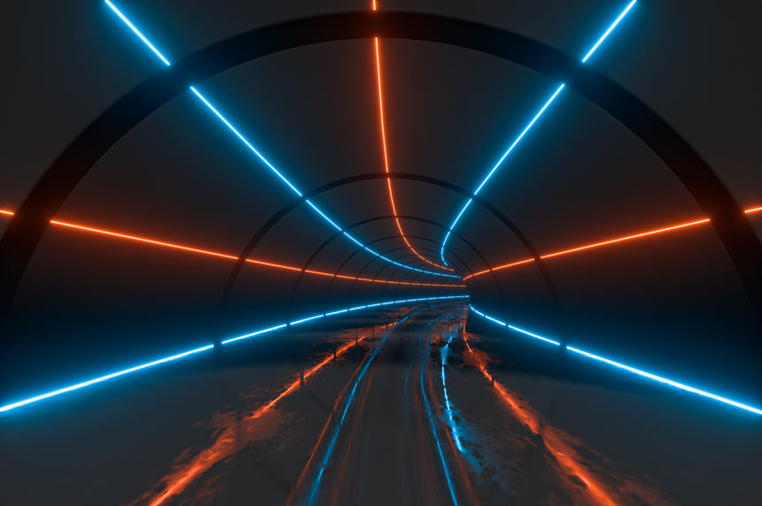 霓虹灯背景黑暗隧道激光反射地面射线技术照明科幻