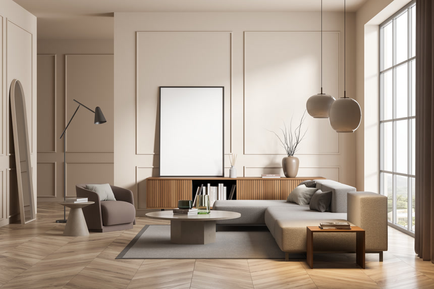 3D渲染大型豪华现代明亮的客厅设计生活方式