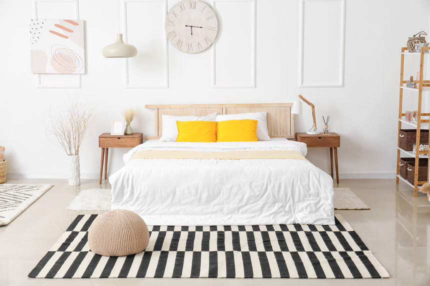 带有黑白条纹地毯的现代卧房的内部样板房