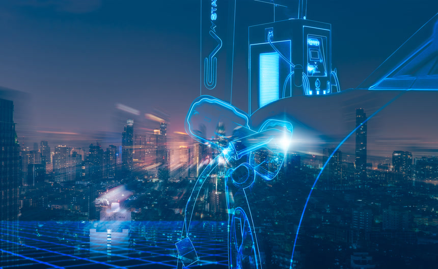 电动汽车和电动汽车充电站具有城市景观背景的未来汽车概念新能源汽车