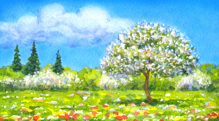 水彩画春天蓝天白云草地