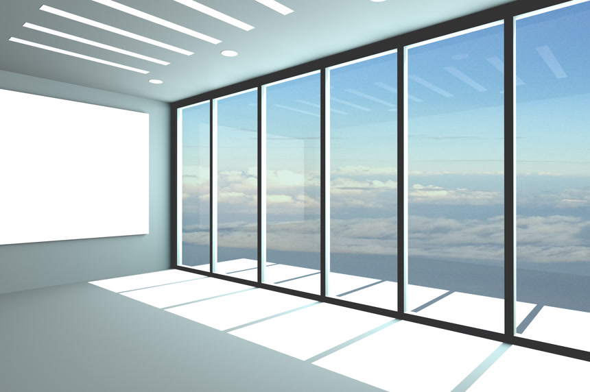 空荡荡的办公室办公室内装有空房间彩色墙壁和装饰蓝色