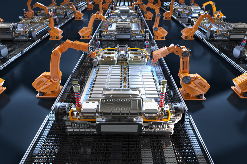 带电动汽车电池模块的3D渲染机器人装配线自动化汽车制造厂构工业机械