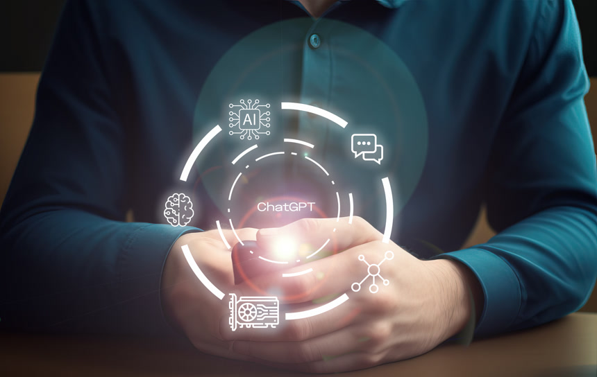 一个人在和ChatGPT交流的时候拿着智能手机，ChatGPT是一个使用自然语言处理进行交流的人工智能系统.