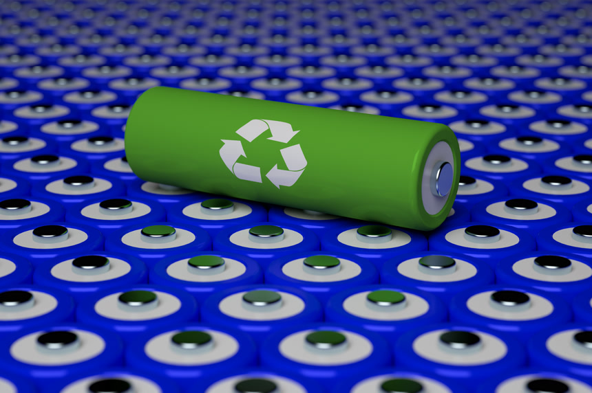 High angle of 3D rendering of green 18650 lithium battery with white recycling symbol placed on seamless background可循环电池循环利用