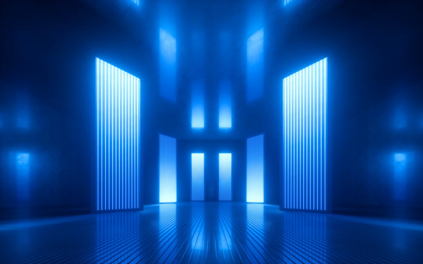 3d 渲染蓝色霓虹灯抽象背景紫外线夜总会空房间内部、隧道或走廊、发光面板、时尚讲台、表演舞台装饰,