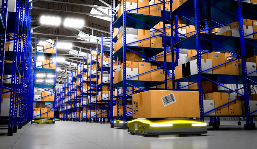 装有包裹机架和机器人的仓库3D插图物流