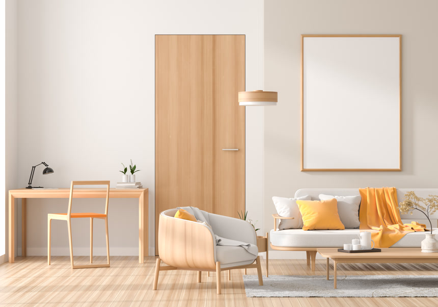 模拟海报框架在斯堪的纳维亚风格内饰生活方式家居设计