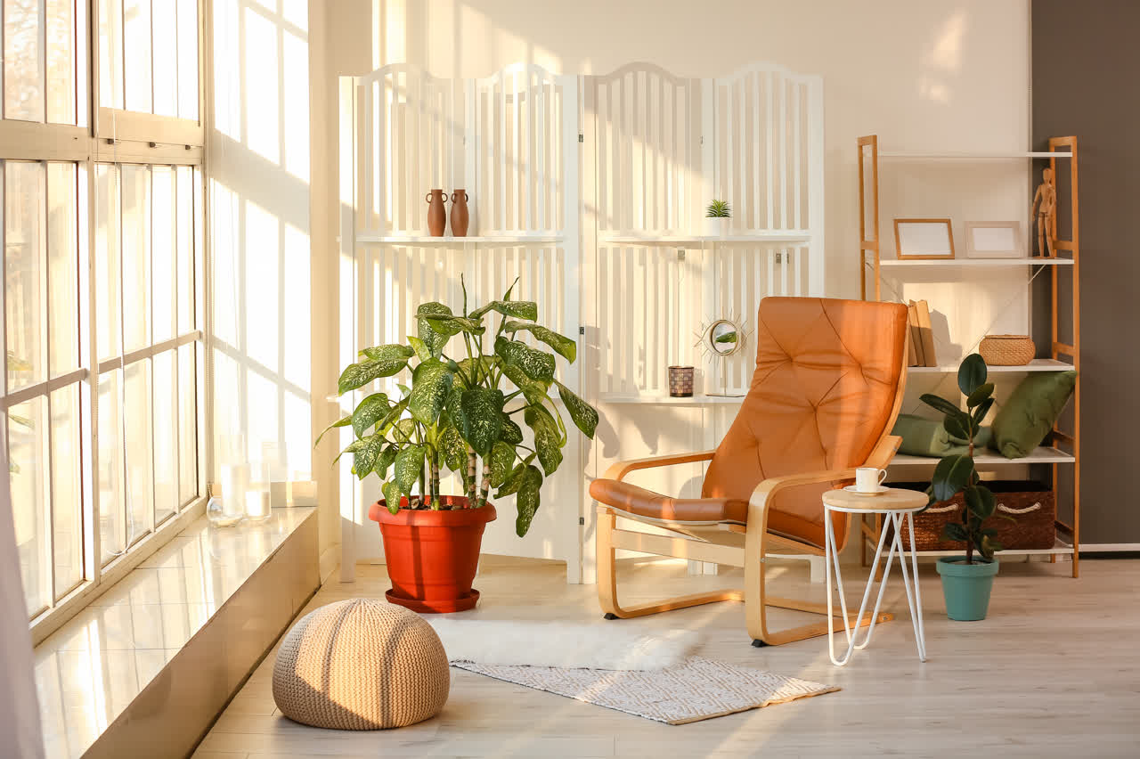 带有扶手椅和折叠式屏风的现代居室内部室内设计