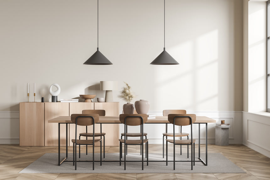 风格别致的米色阅览室内饰有椅子和地毯上的木制桌子，与书籍和花瓶搭配，茶花地板。带有窗口的最小化库空间，3D渲染