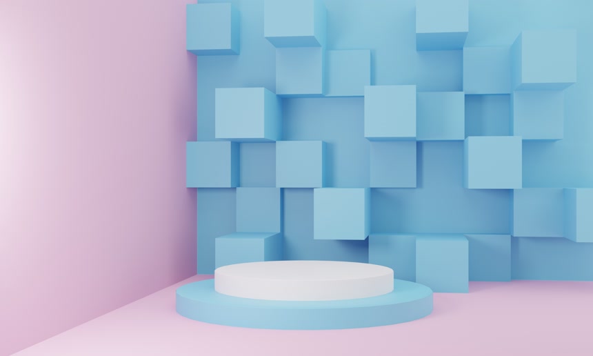蓝白粉色调渲染了一个讲台，用于在几何形状的背景下演示产品