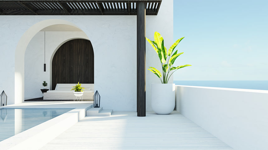 卧室海景与海滩生活-桑托里尼岛风格/ 3D渲染