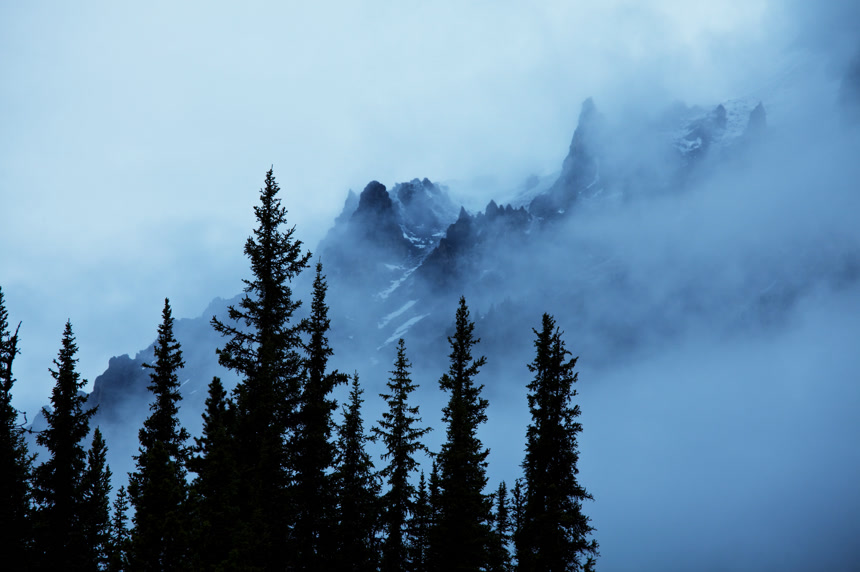 加拿大山脉树林云雾缭绕自然风景航拍