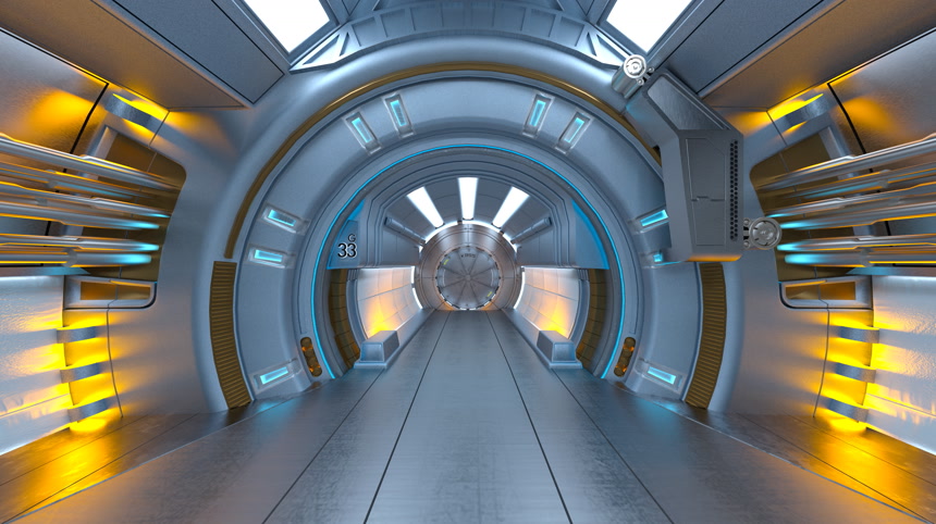 3d渲染的空间站通道海报背景