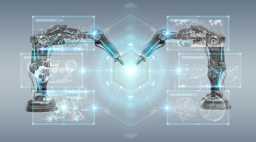 机器人手臂与数字屏幕信息集成图人工智能科技信息数据图信息弹窗