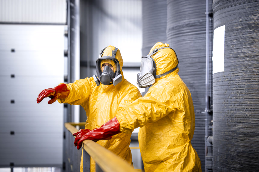 Factory worker standing by large metal storage tanks with acids wearing yellow protection suit, gas mask and gloves explaining trainee process of chemicals production inside the plant.化学防毒面具人员