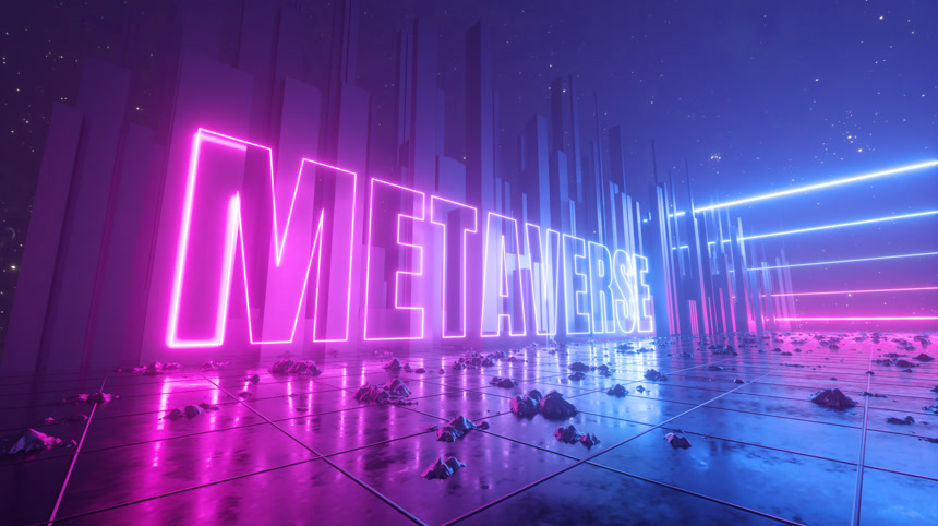 3D渲染，抽象奇妙的背景。夜空下的宇宙景观.用粉色蓝色霓虹灯发光的代词背景