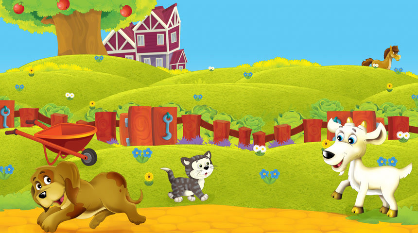 农场有农场动物的卡通农业建筑